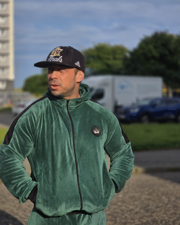 Men’s Green Velour Tracksuit with Black Trim Luxury Men’s Green Velour Tracksuit-Black Trim