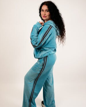 Essential 2 Stripe Blue Velour Wide Leg Trousers