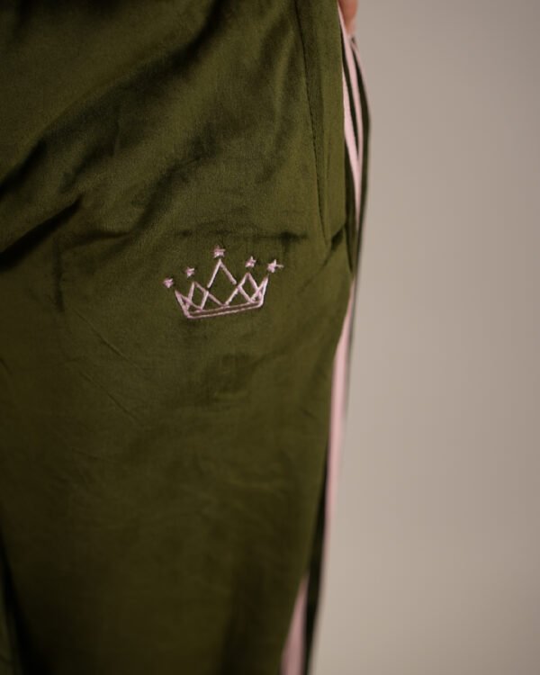 Premium 4 Stripe Olive Velour Wide Leg Trousers