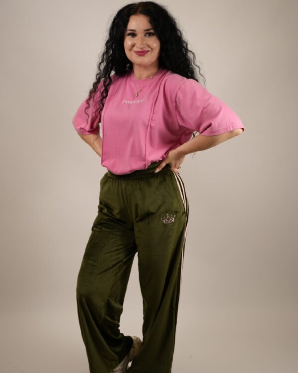 Premium 4 Stripe Olive Velour Wide Leg Trousers