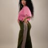 Premium 4 Stripe Olive Velour Wide Leg Trousers