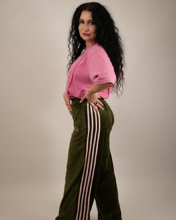 Premium 4 Stripe Olive Velour Wide Leg Trousers