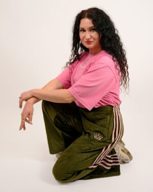 Premium 4 Stripe Olive Velour Wide Leg Trousers